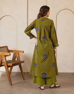 Citrine Green Collared Neck Printed A-Line Ethnic Co-ord Set