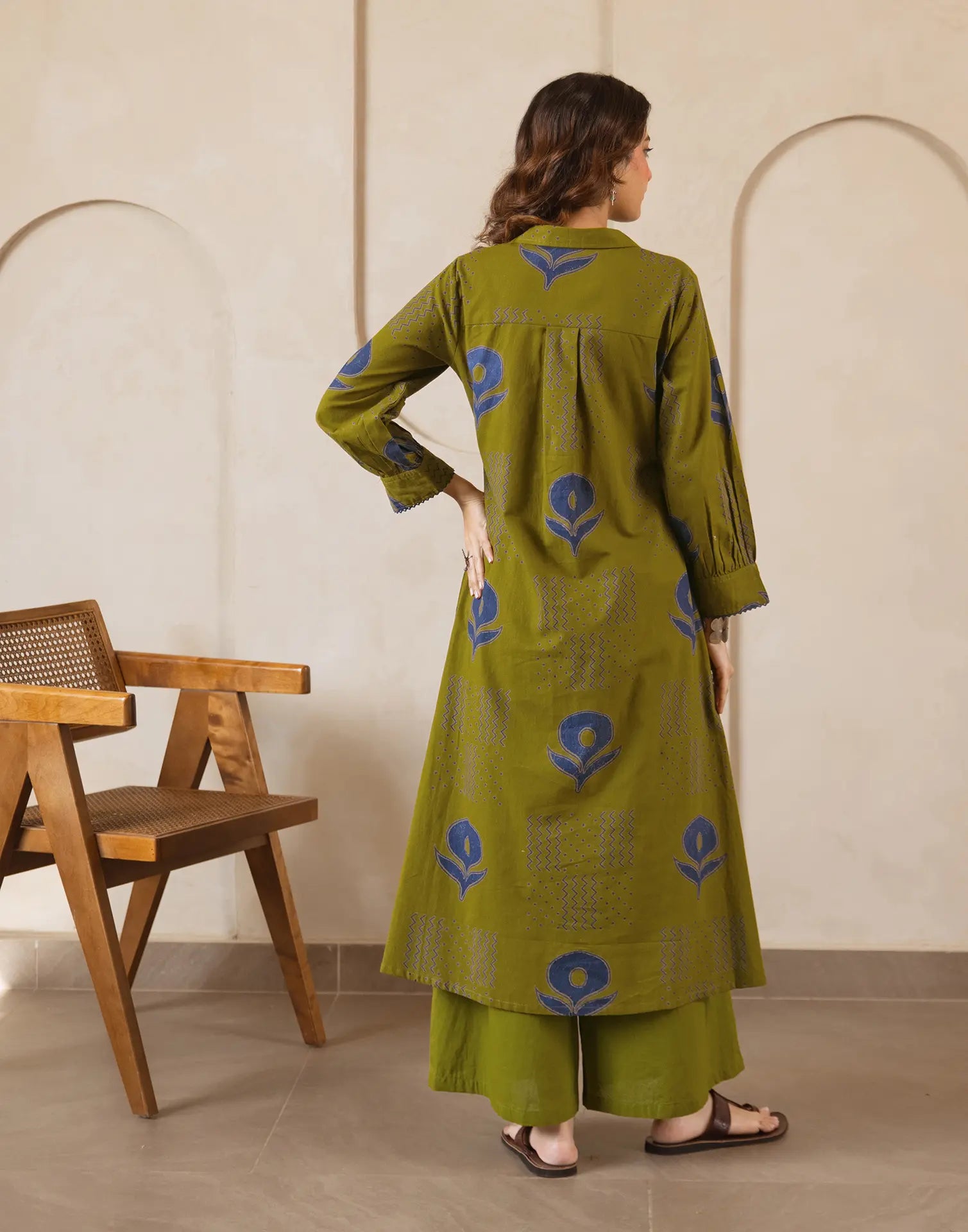 Citrine Green Collared Neck Printed A-Line Ethnic Co-ord Set