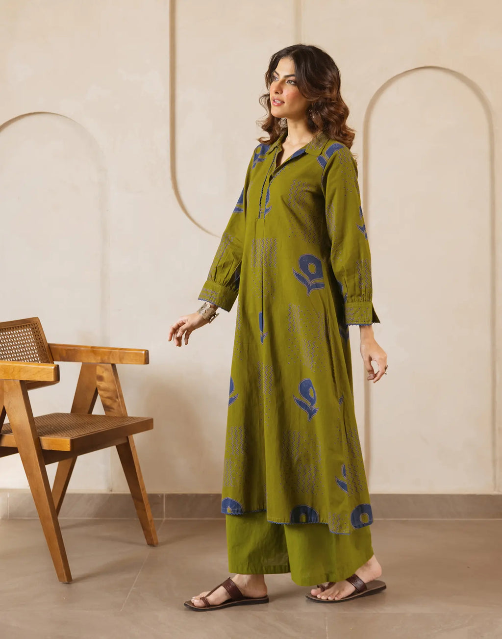 Citrine Green Collared Neck Printed A-Line Ethnic Co-ord Set