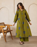 Citrine Green Collared Neck Printed A-Line Ethnic Co-ord Set
