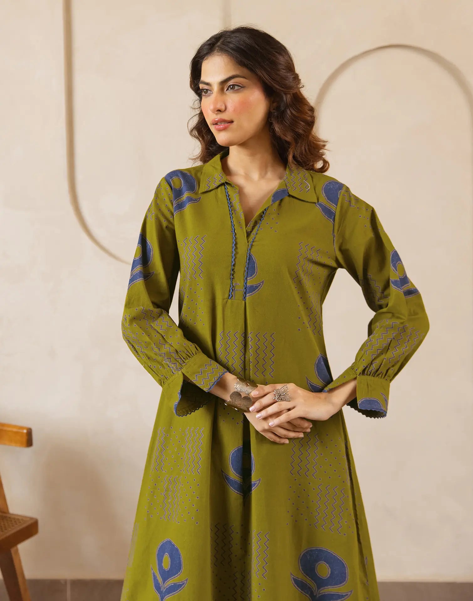 Citrine Green Collared Neck Printed A-Line Ethnic Co-ord Set