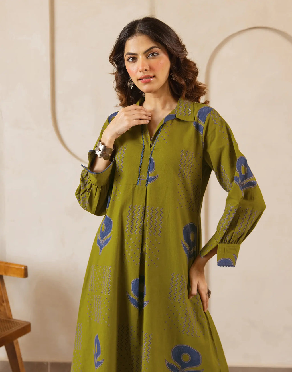 Citrine Green Collared Neck Printed A-Line Ethnic Co-ord Set