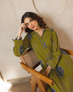 Citrine Green Collared Neck Printed A-Line Ethnic Co-ord Set