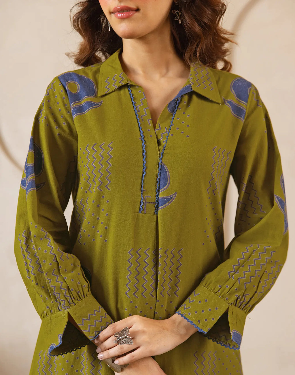 Citrine Green Collared Neck Printed A-Line Ethnic Co-ord Set