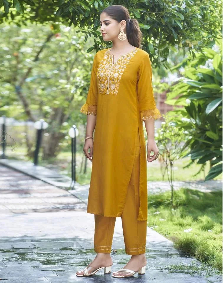 Affordable Yellow Silk V Neck Kurta Set with duppatta under 999
