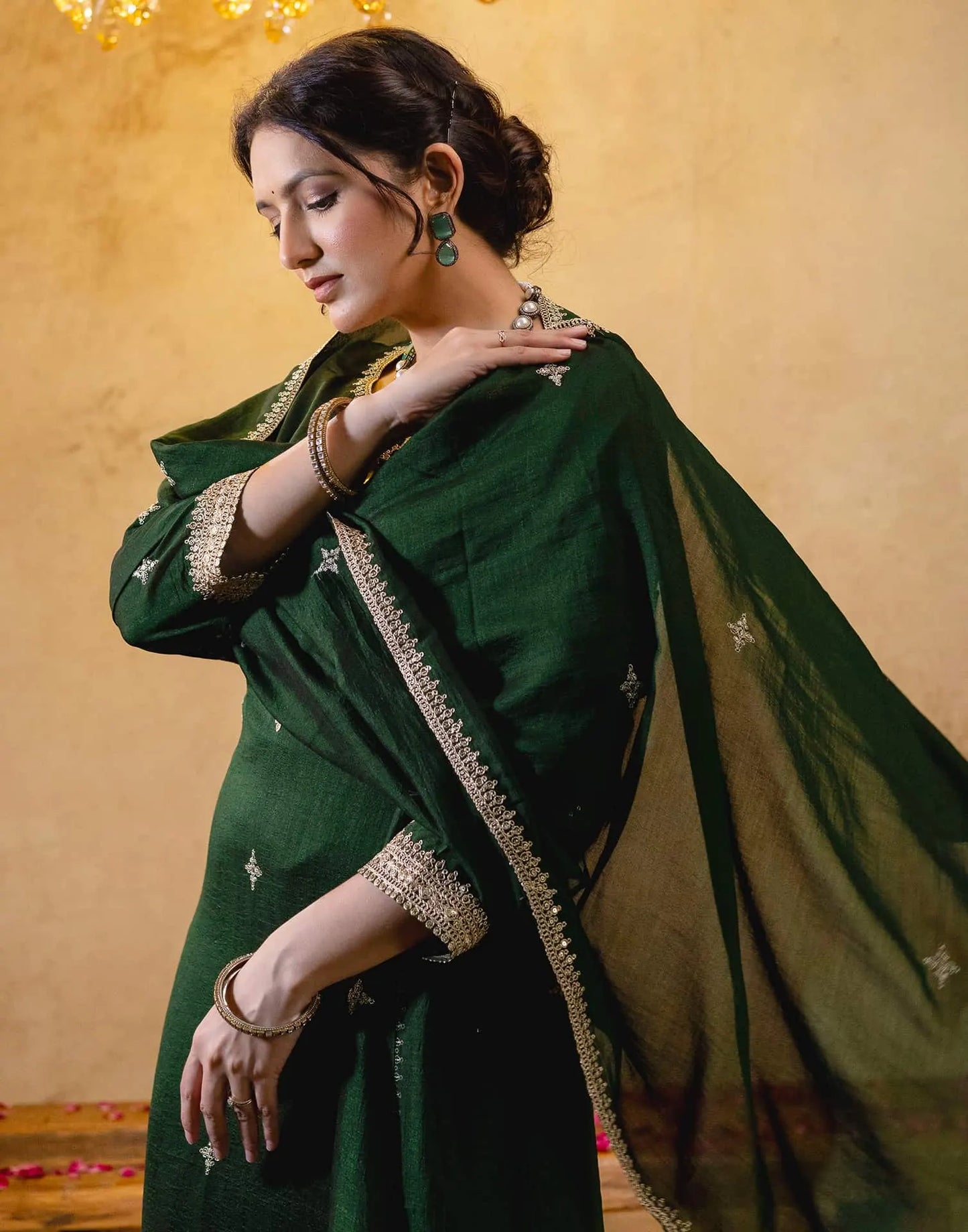 Silk Straight Embroidery Round Neck Kurta with Pant & Dupatta