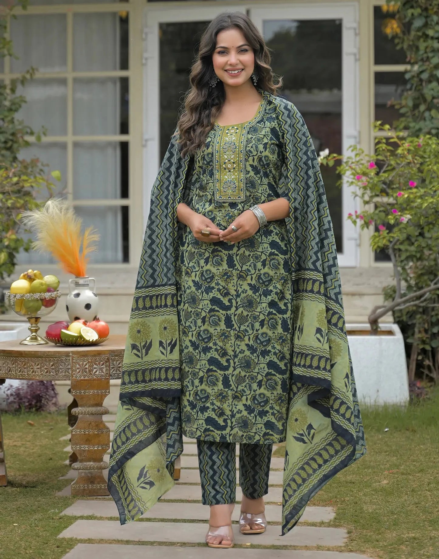 Cotton Embroidered Round Neck Straight Kurta with Pant & Dupatta