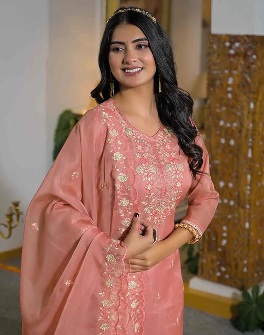 Organza Embroidered Straight V-Neck Kurta with Pant & Dupatta