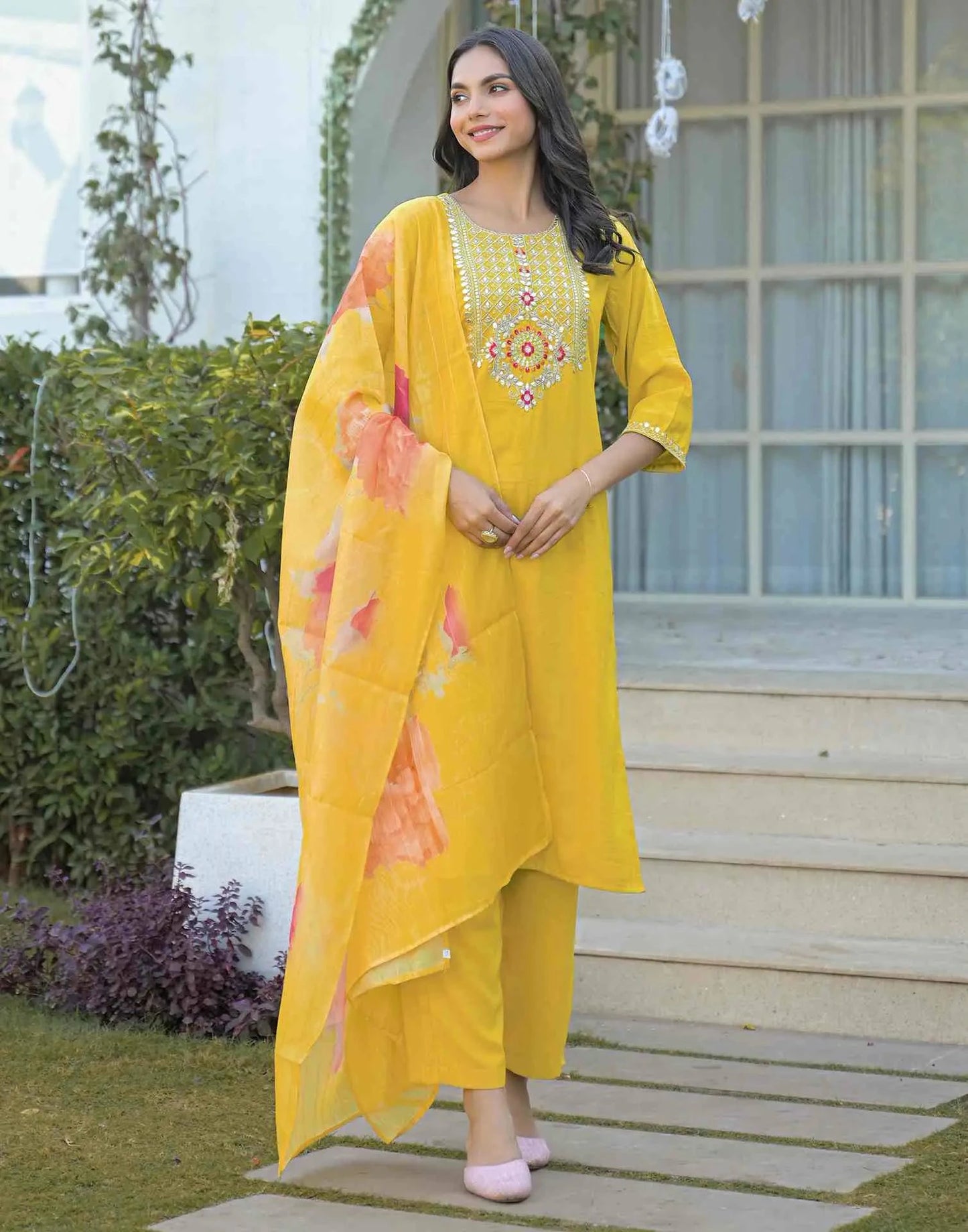 Silk Embroidered Straight Round Neck Kurta with Pant & Dupatta