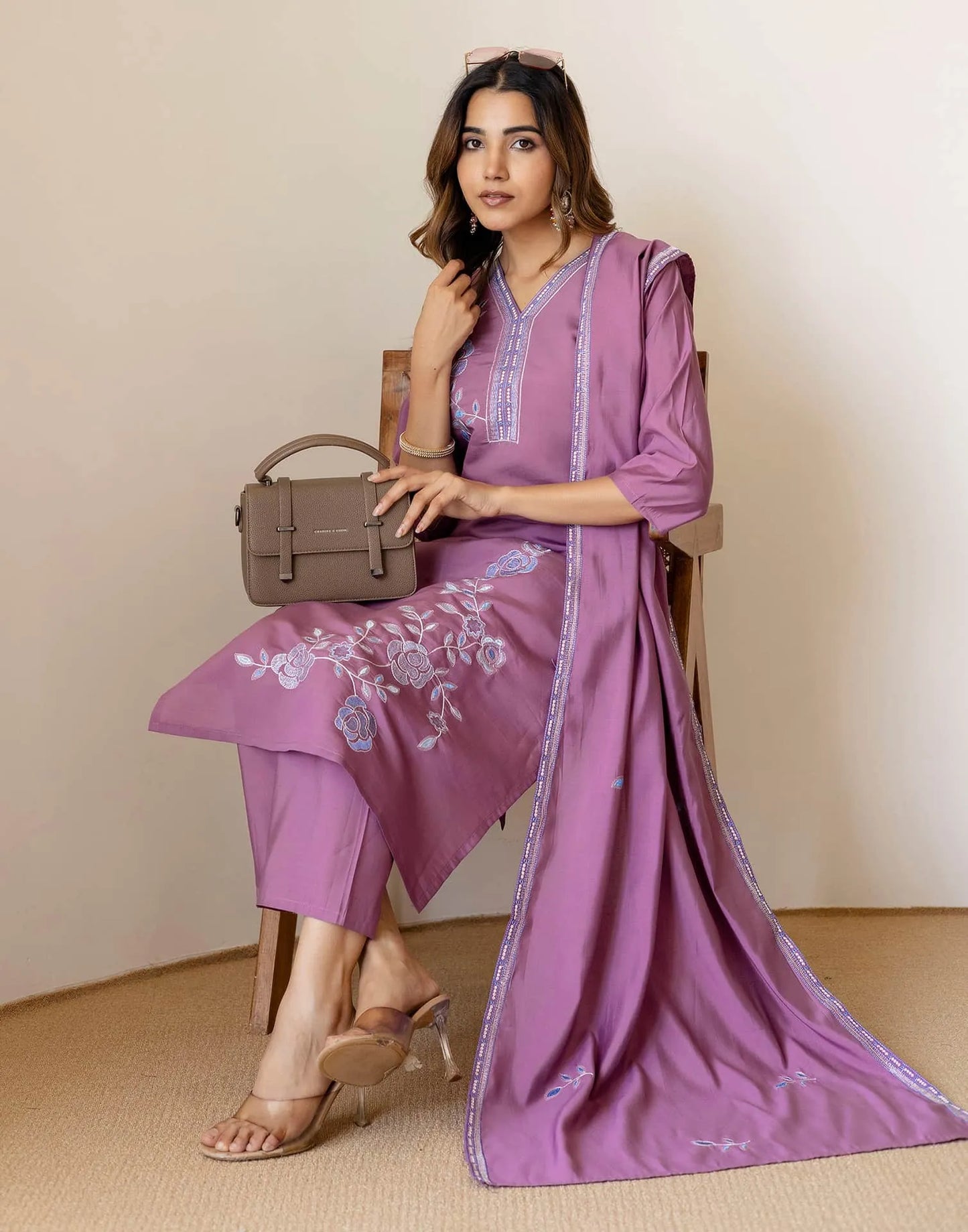 Purple Silk Embroidered Straight Kurta Set with Pant & Dupatta for Women Office & Casual Wear under 1299