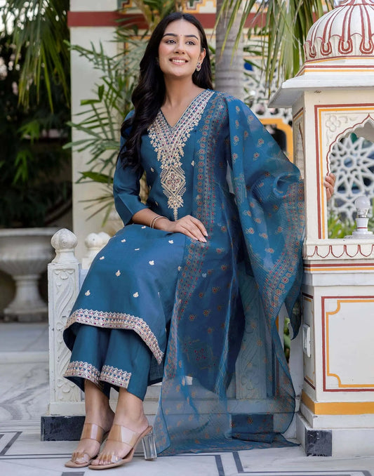 Silk Embroidery and Sequins Work Straight Kurta with Pant & Dupatta