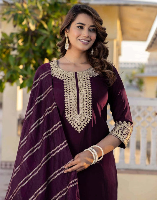 Silk Embroidery Straight Kurta with Pant & Dupatta
