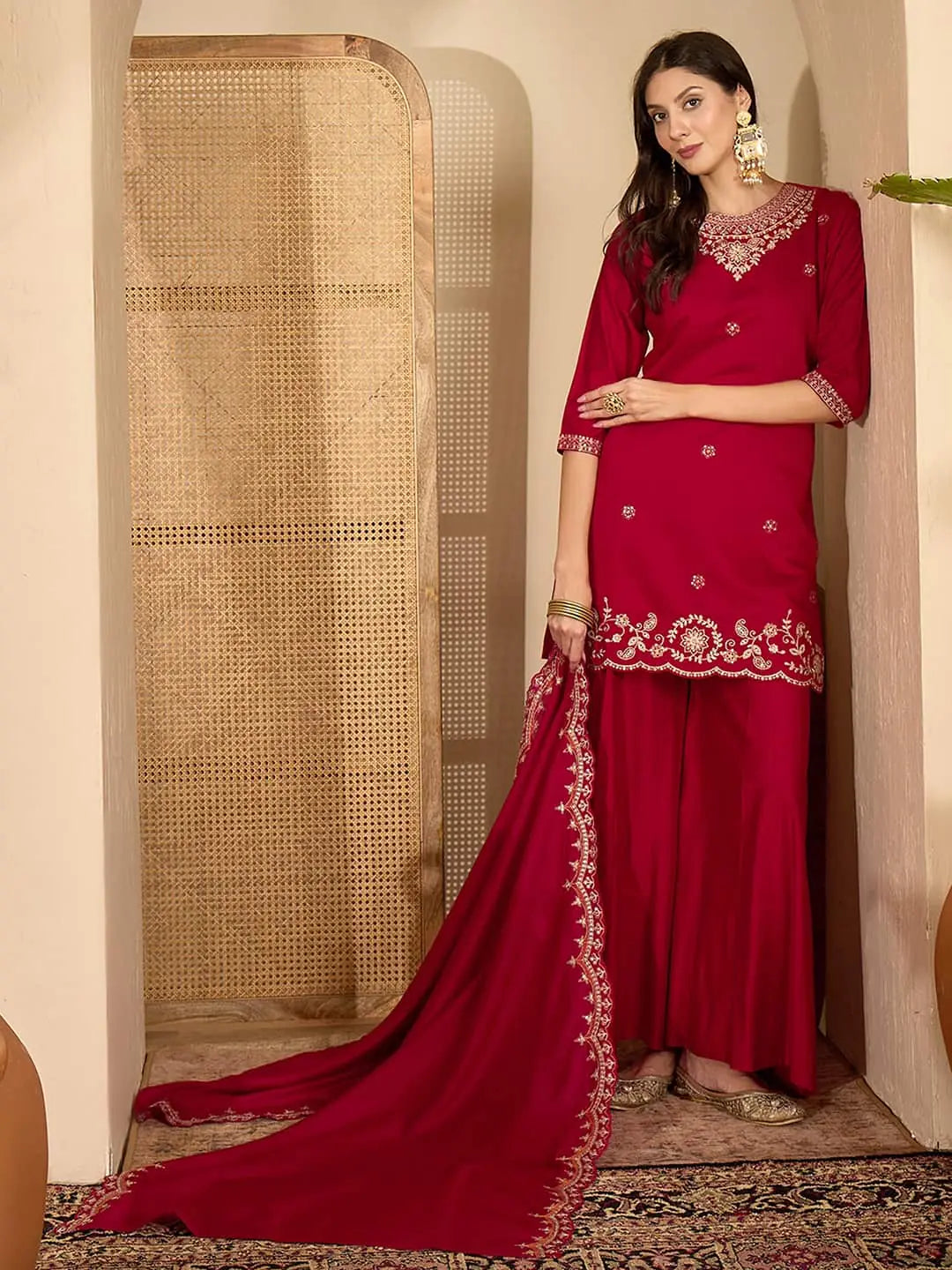Maroon Silk Embroidered Kurta Set with Dupatta Round Neck Ethnic Wear for Karwa Chauth