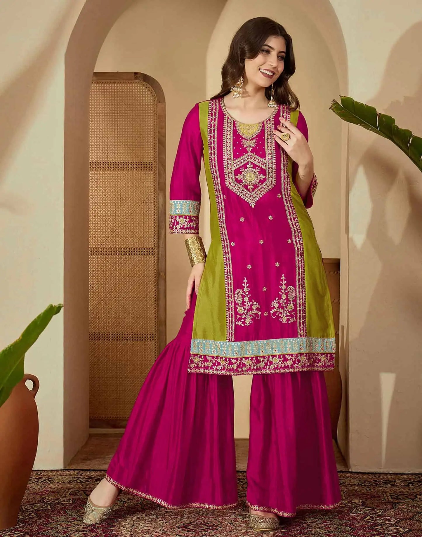 Silk Embroidered Straight Kurta with Pant & Dupatta