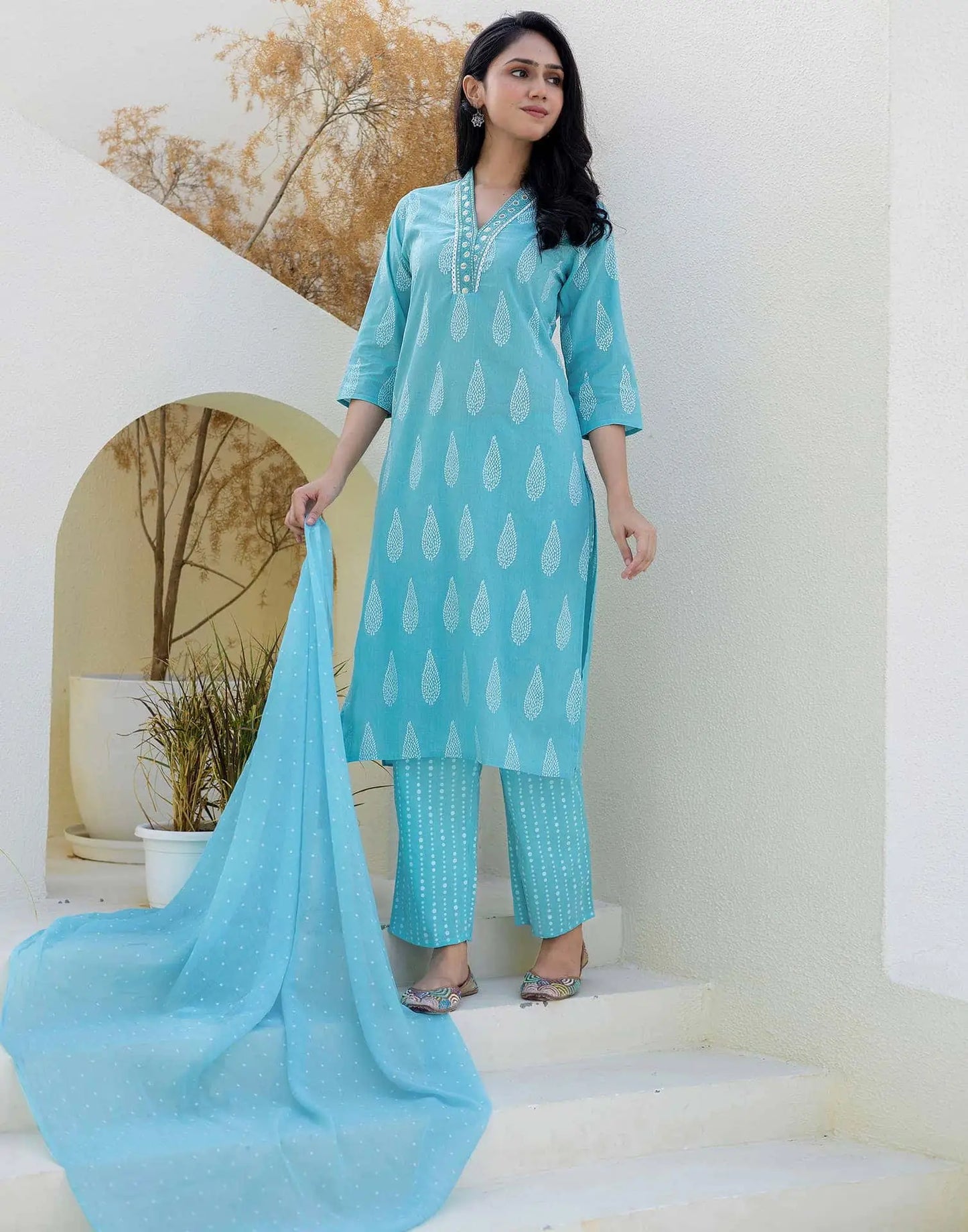 Cotton Printed, Embroidery and Sequins Work, Lace Straight Kurta with Pant & Dupatta