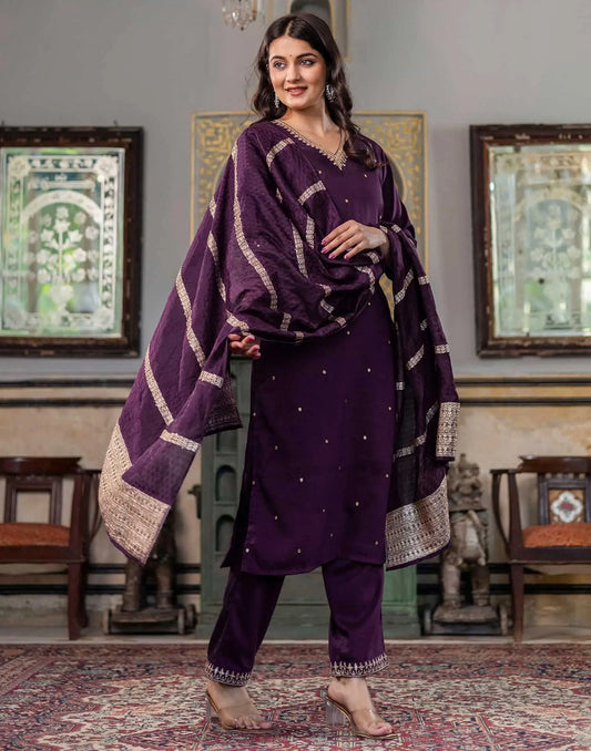 Silk Blend Sequence and Embroidery Work Straight Kurta with Pant & Dupatta