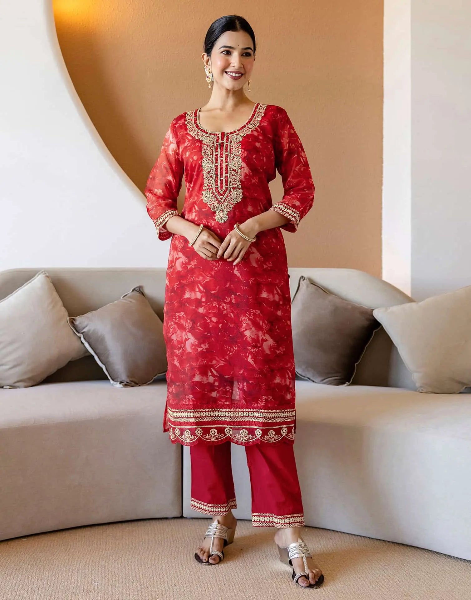 Red Organza Printed Straight Kurta Set with Pant & Dupatta for Women  Festive & Karwa Chauth Special