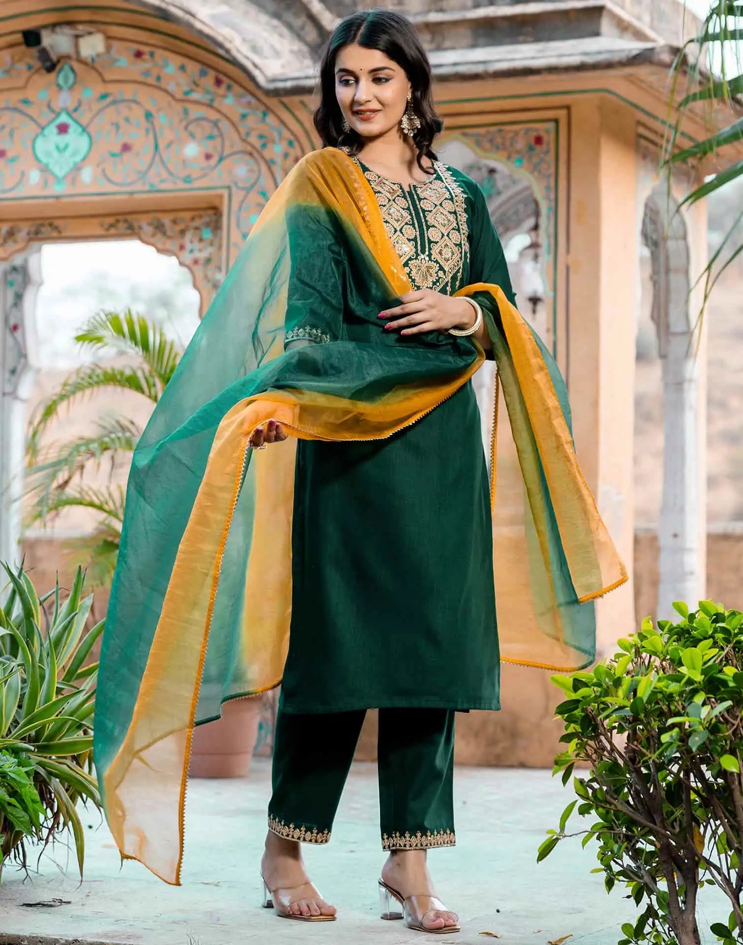 Dark Green Cotton Sequin and Embroidered Straight Kurta Set with Pant & Dupatta for Women