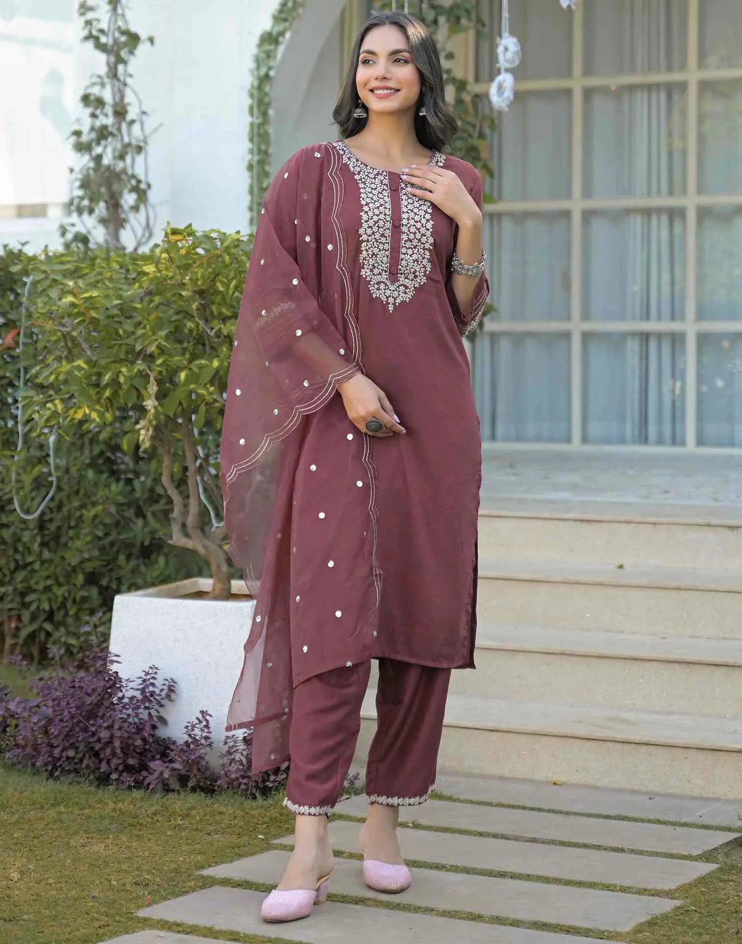 Silk Embroidered Straight Round Neck Kurta with Pant & Dupatta