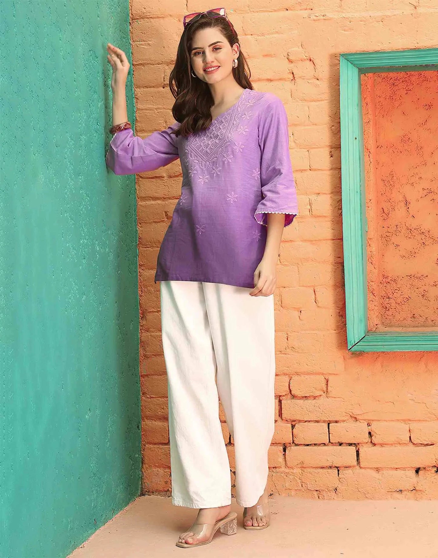 Cotton Chikankari Straight Sweetheart Neck Short Kurti