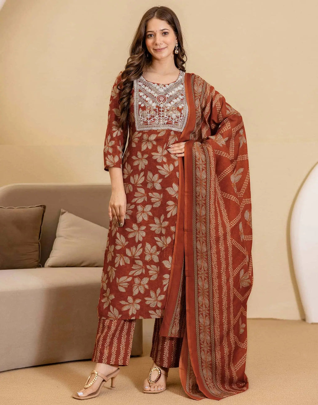 Skylee Viscose Rayon Embroidered Straight 3 Piece Kurta Set For Woman