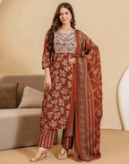 Skylee Viscose Rayon Embroidered Straight 3 Piece Kurta Set For Woman