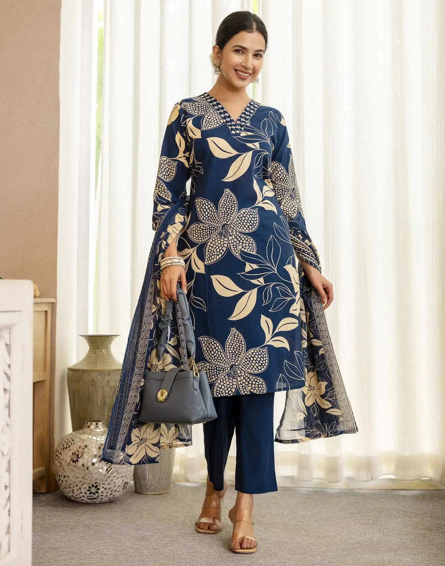Blue Cotton Printed Straight Kurta Set with Pant & Dupatta under 799