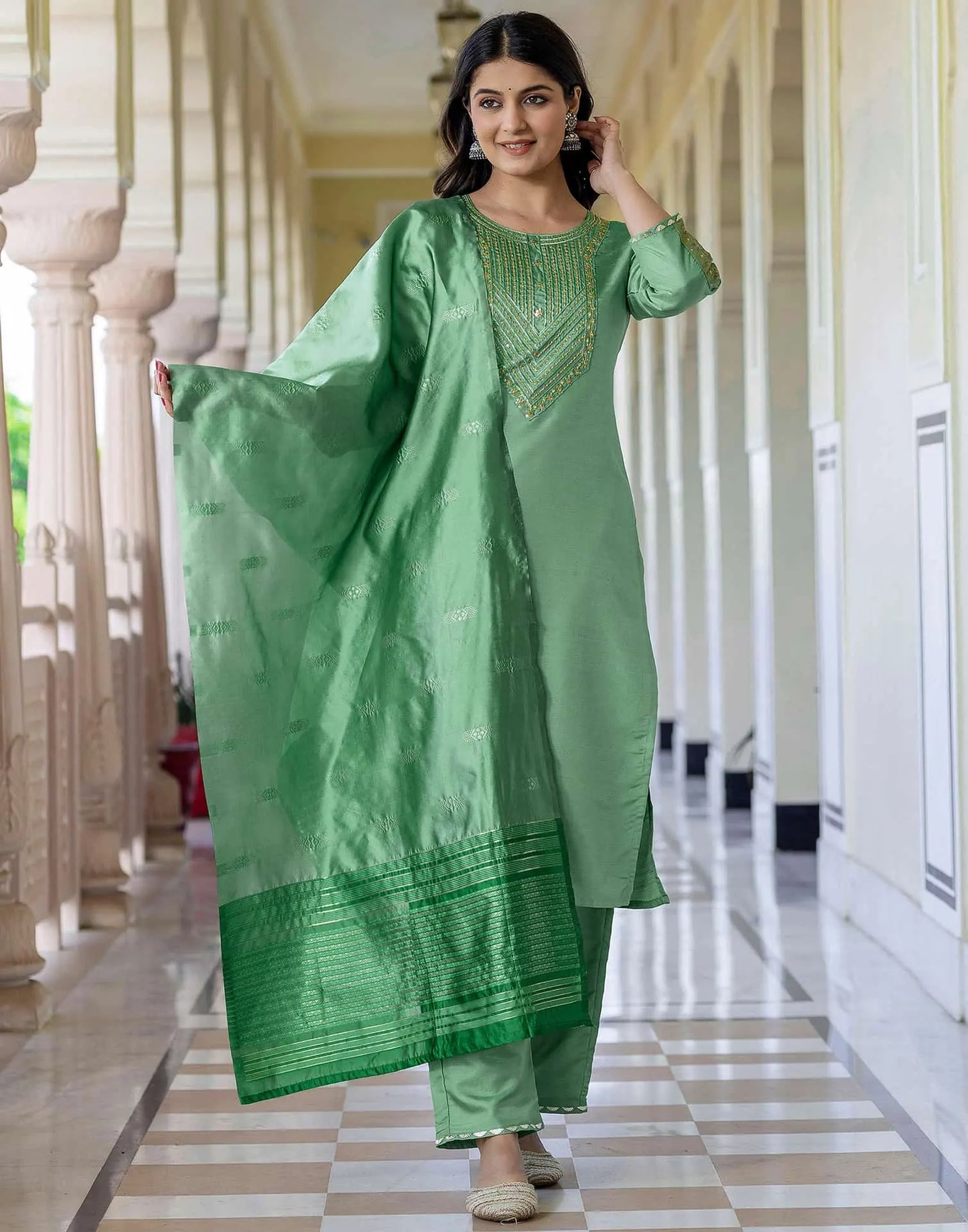 Silk Blend Embroidery and Sequins Work Straight Kurta with Pant & Dupatta