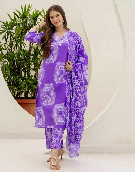 Cotton Straight Printed V-Neck Kurta with Pant & Dupatta