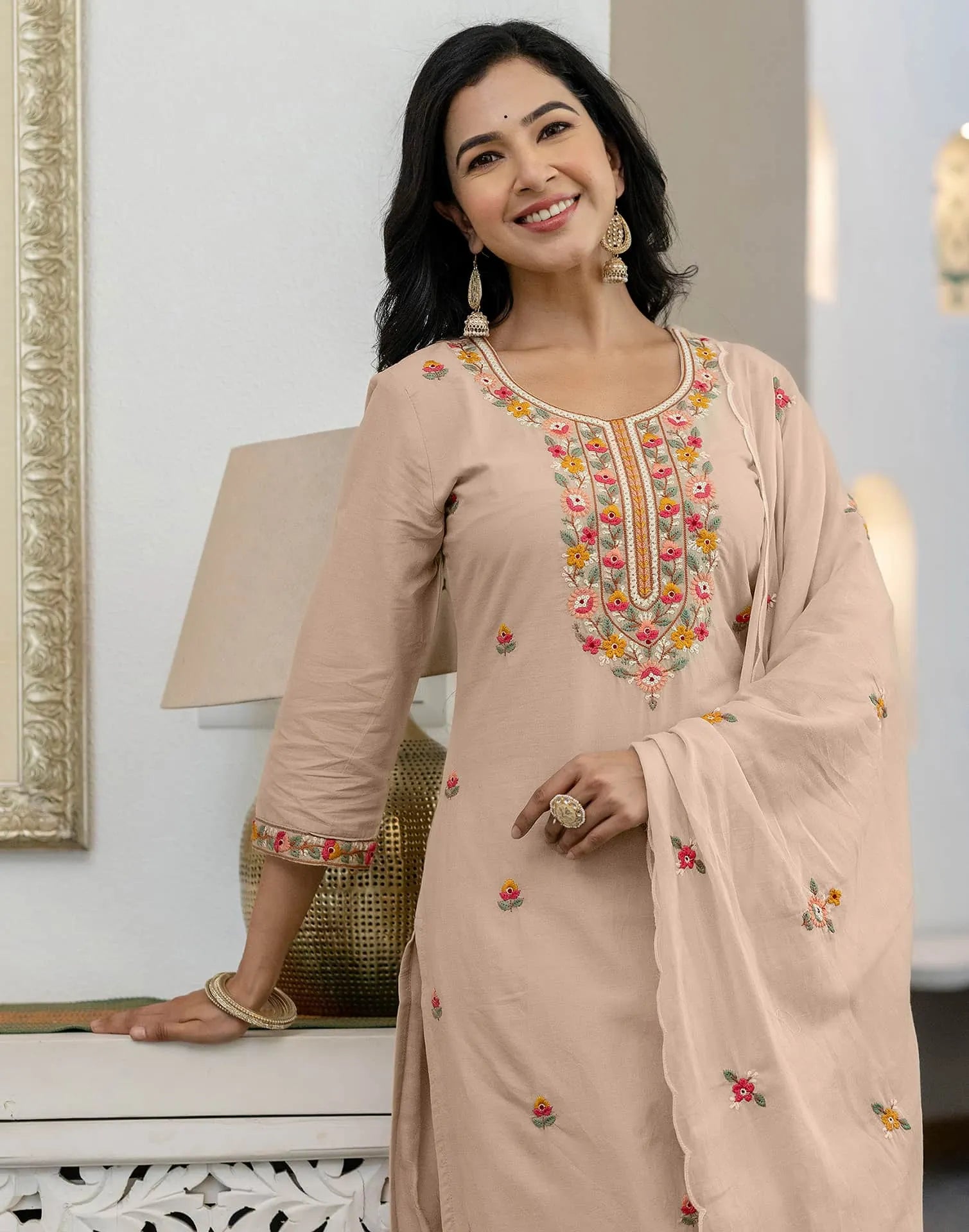 Skylee Brown Cotton Embroidered Straight Kurta with Pant & Dupatta