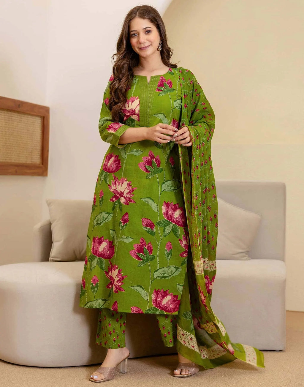 Cotton Printed Straight Kurta with Pant & Dupatta