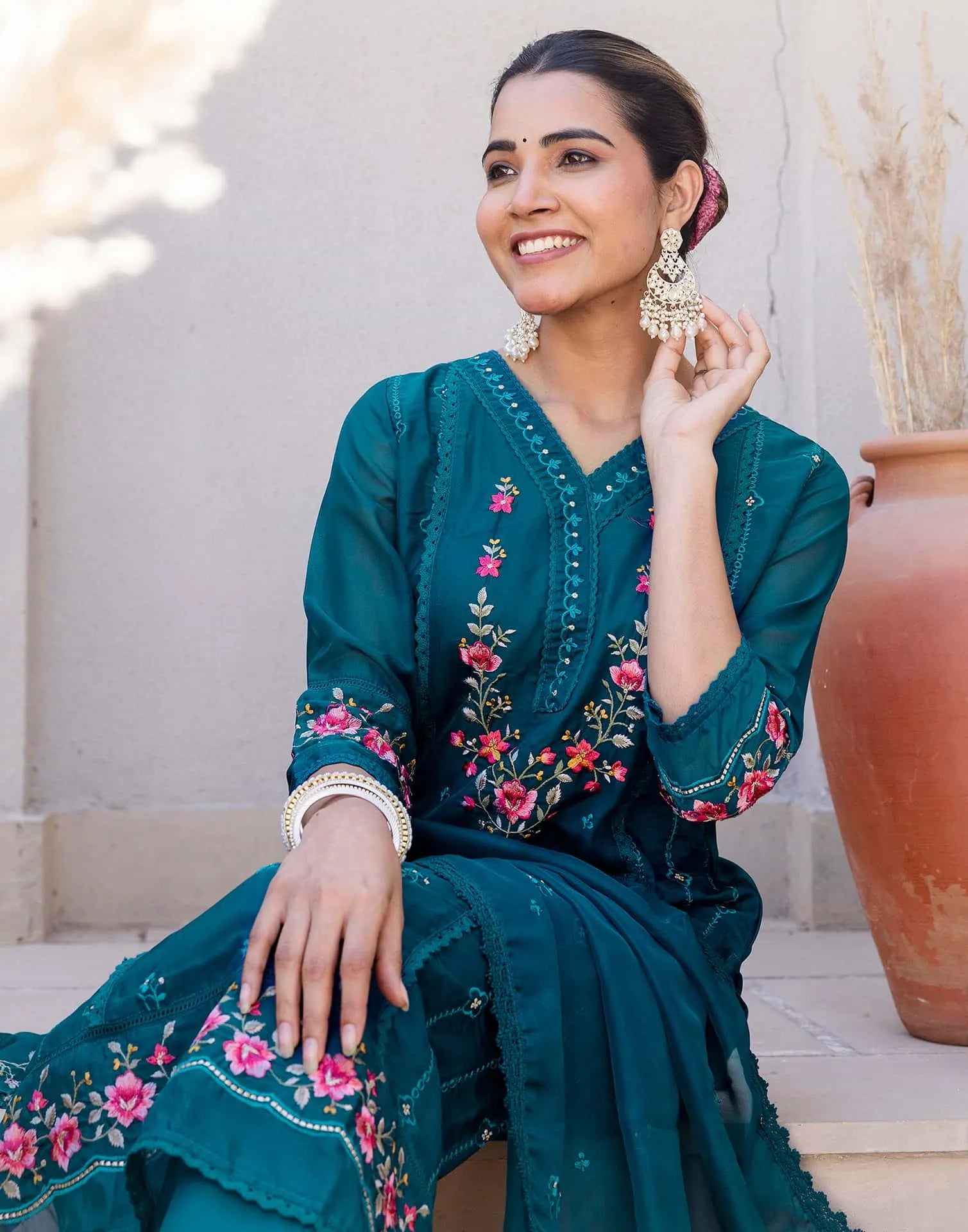 Blue Silk Blend Embroidery Straight Kurta Set for Women with Pant & Dupatta