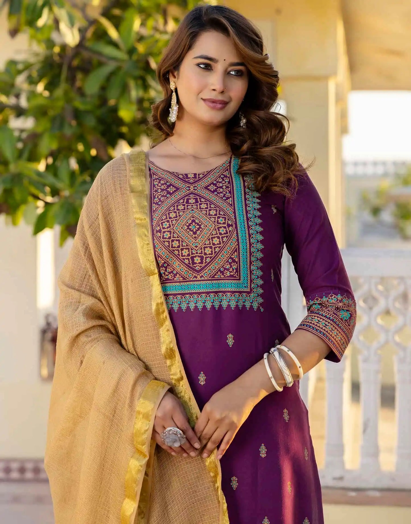 Cotton Blend Table Print Straight Kurta with Pant & Dupatta