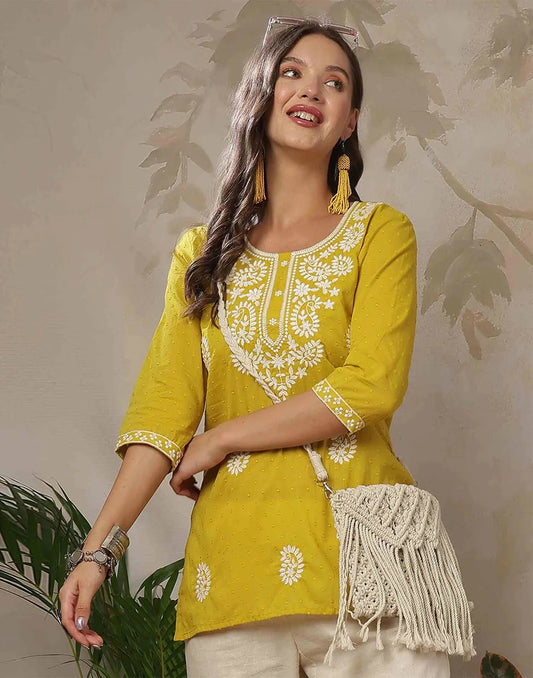 Cotton Chikankari Straight Round Neck Short Kurti