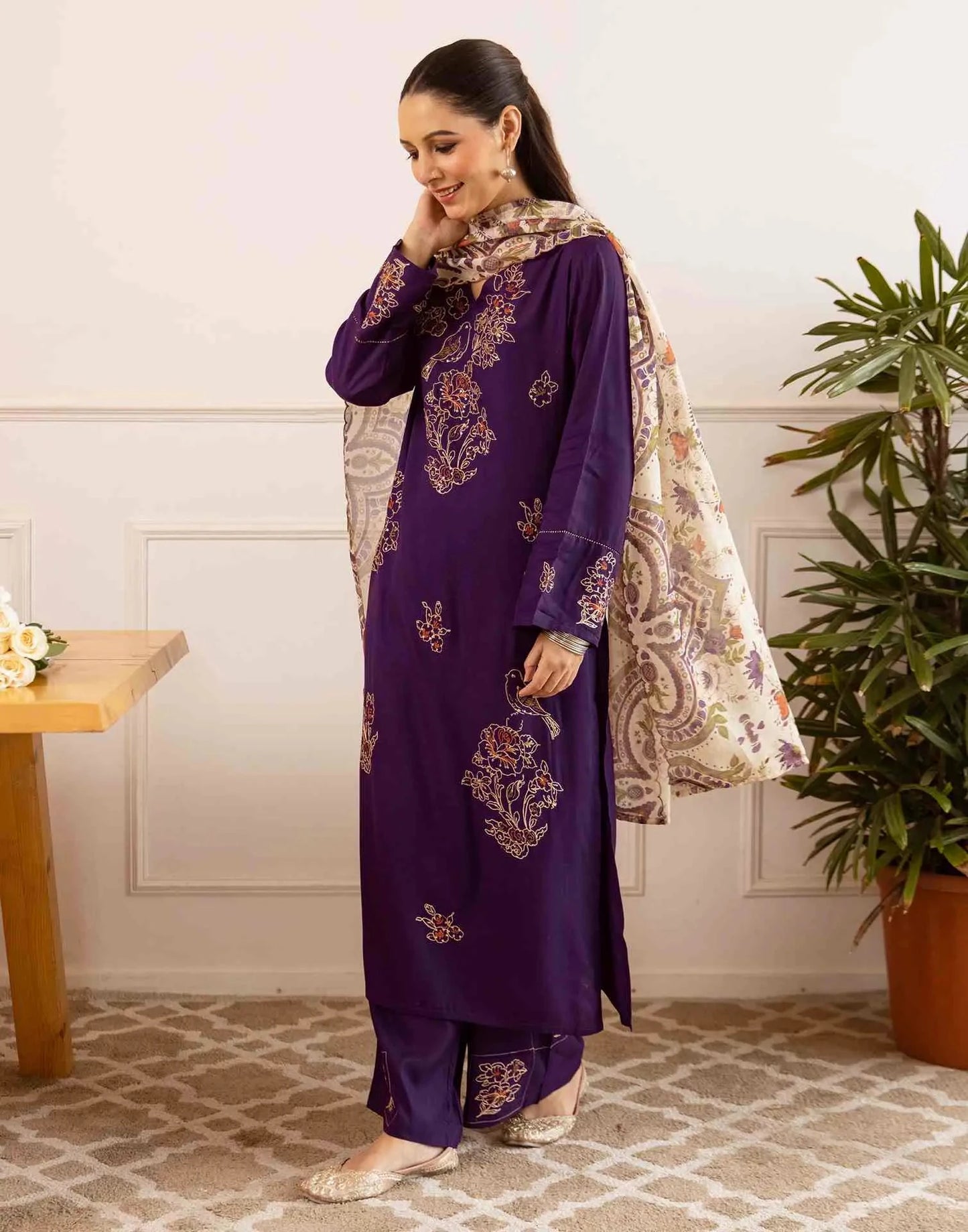 Cotton Embroidered Straight V-Neck Kurta with Pant & Dupatta