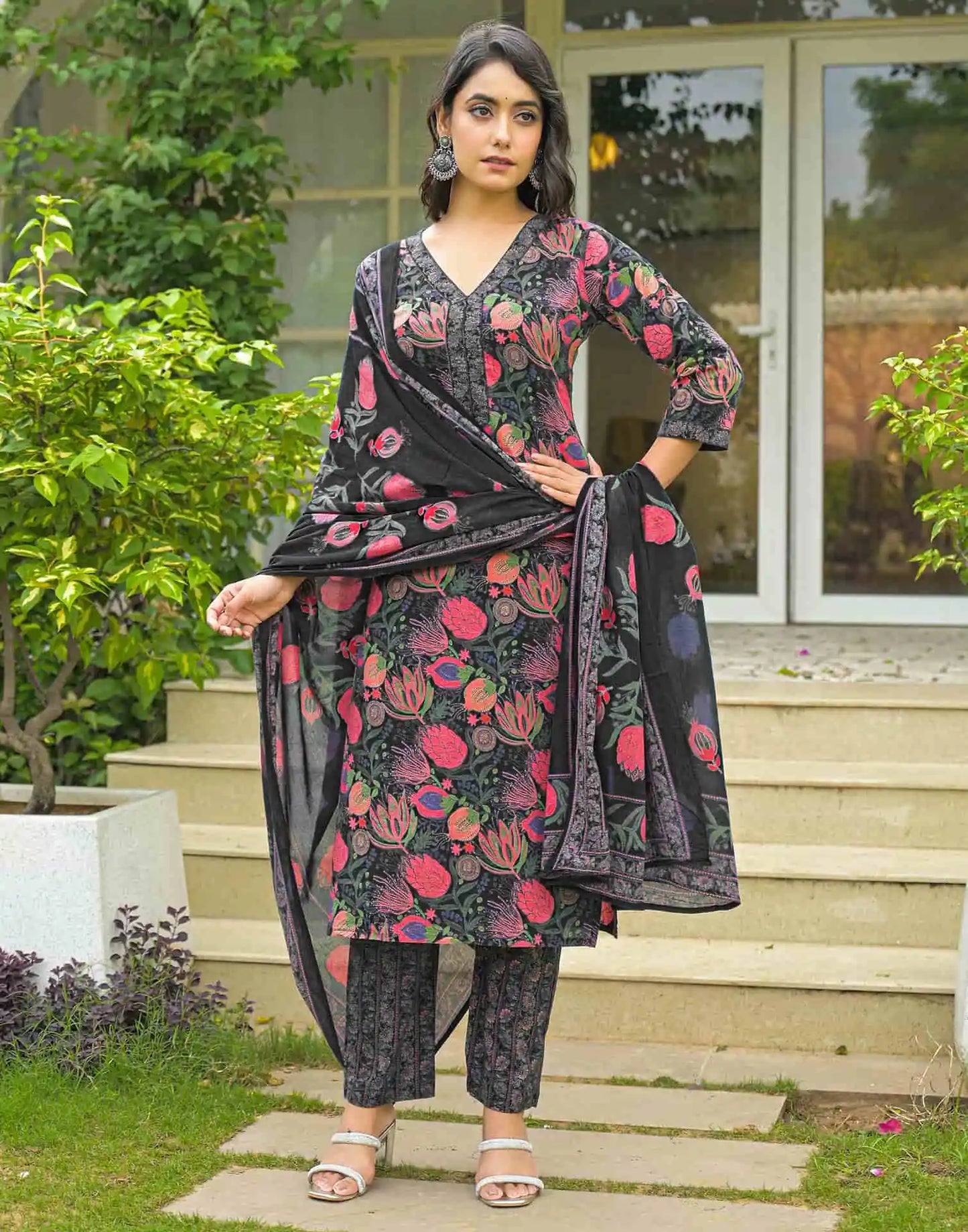 Cotton Straight Printed V-Neck Kurta with Pant & Dupatta