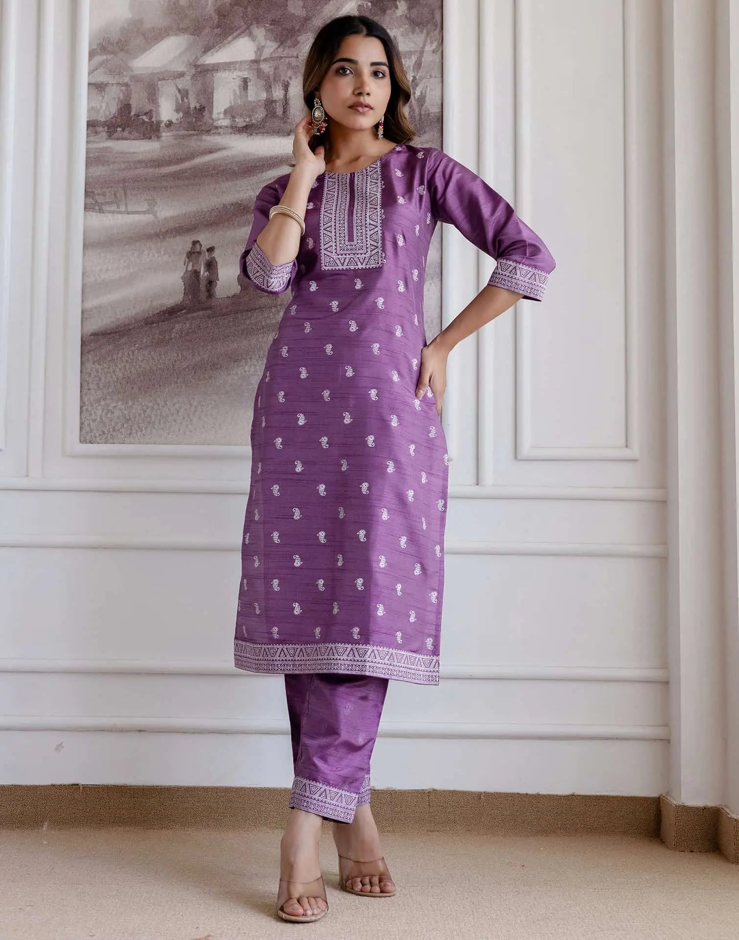 Skylee Silk Blend Printed Straight 3 Piece Kurta Set For Woman