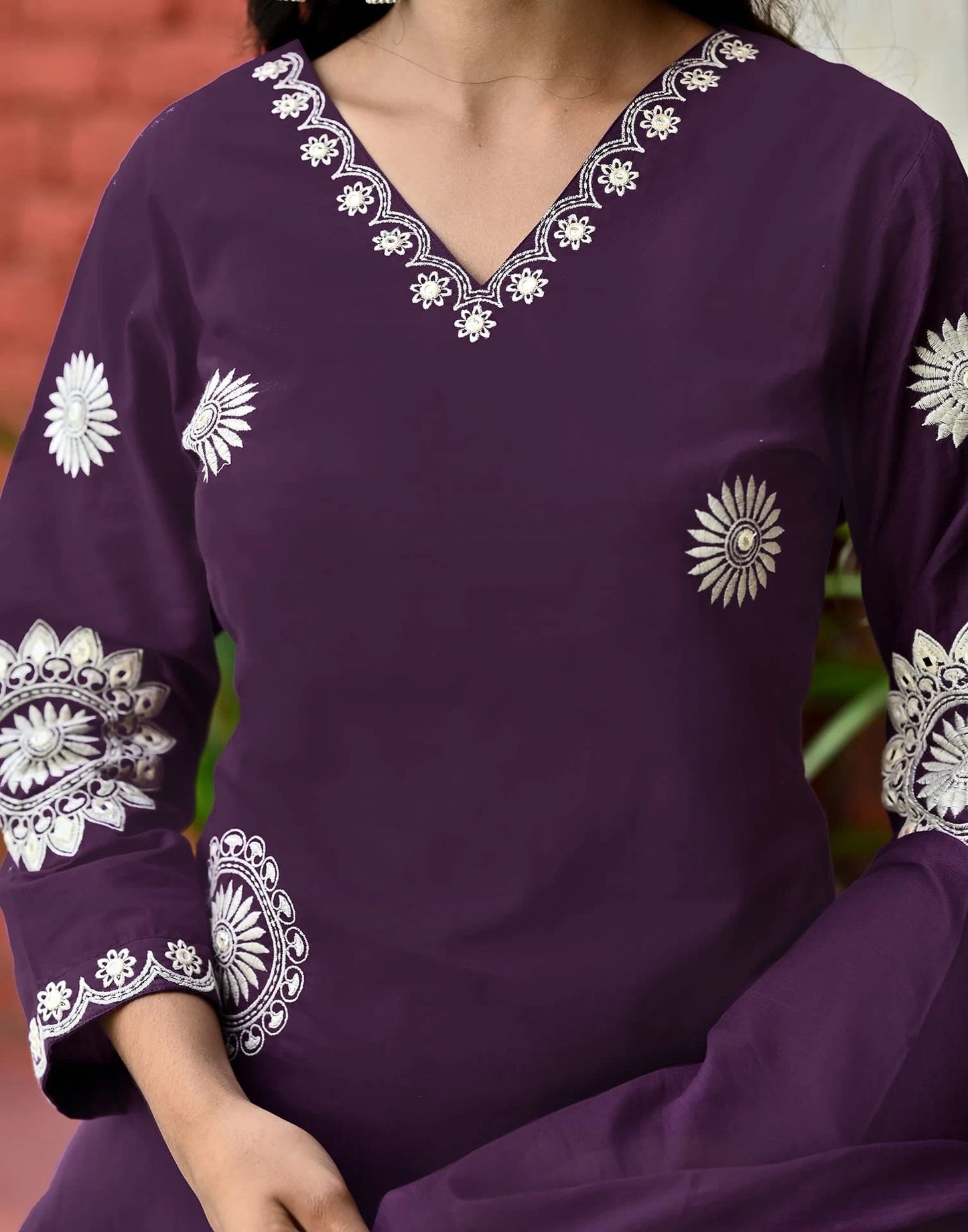 Cotton Straight Embroidery V-Neck Kurta with Pant & Dupatta