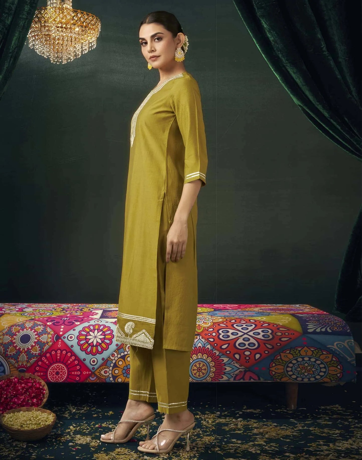 Affordable Mustard Chanderi round neck kurti set dupatta