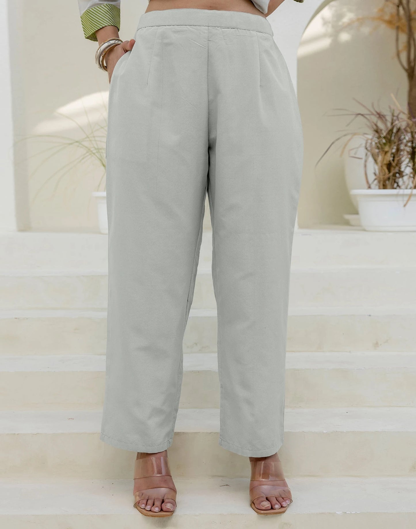 Affordable Grey Cotton Woven Straight Kurta Set Round-Neck Woven Cotton Kurti with Pant & Dupatta