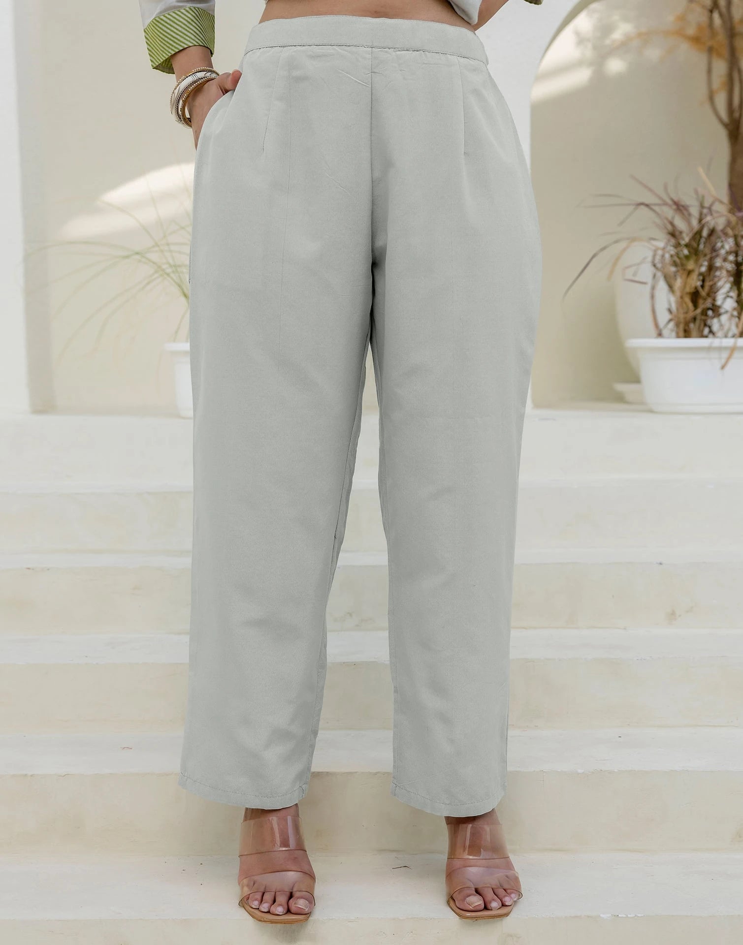 Affordable Grey Cotton Woven Straight Kurta Set Round-Neck Woven Cotton Kurti with Pant & Dupatta