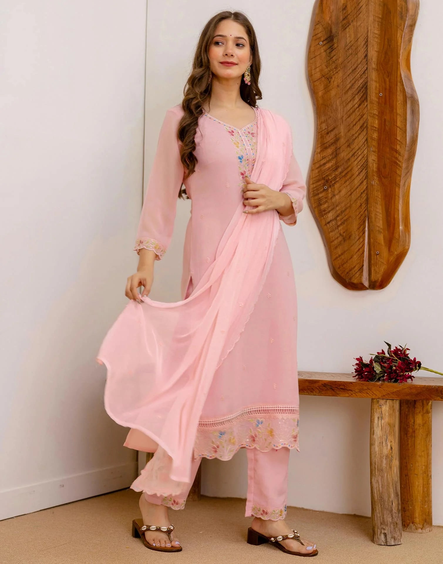 Pink Georgette Embroidered Kurta Set with Pant & Dupatta