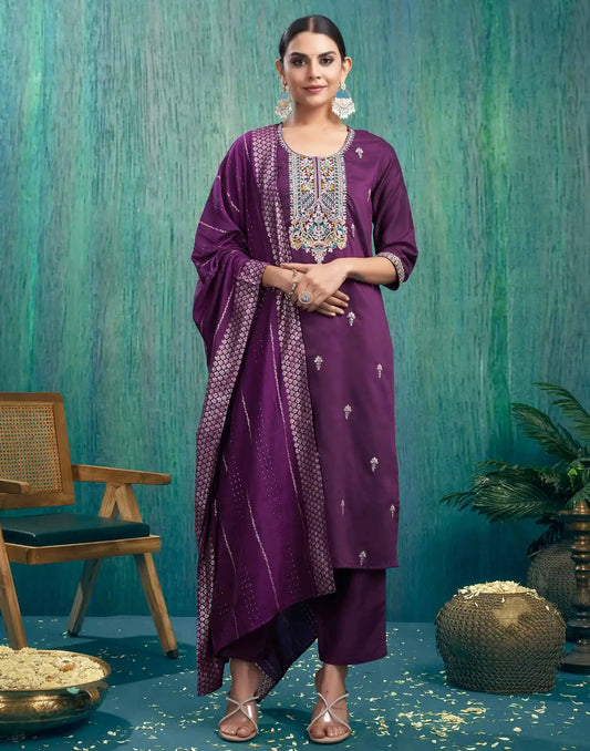 Silk Blend Embroidered Straight Kurta with Pant & Dupatta