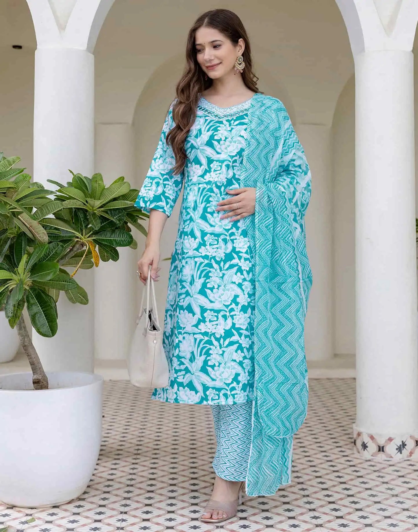 Cotton Printed Straight Kurta with Pant & Dupatta