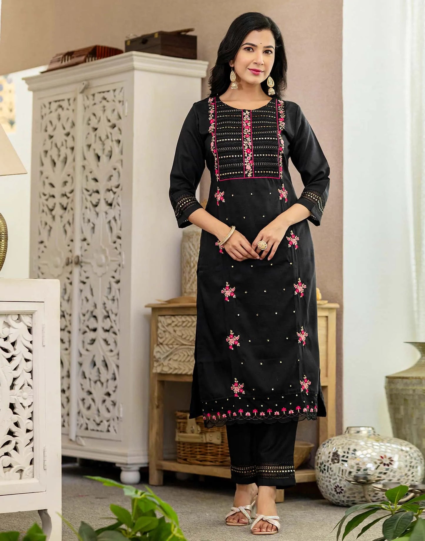 Black Silk Blend Embroidery and Sequins Work Straight Kurta with Pant and Dupatta