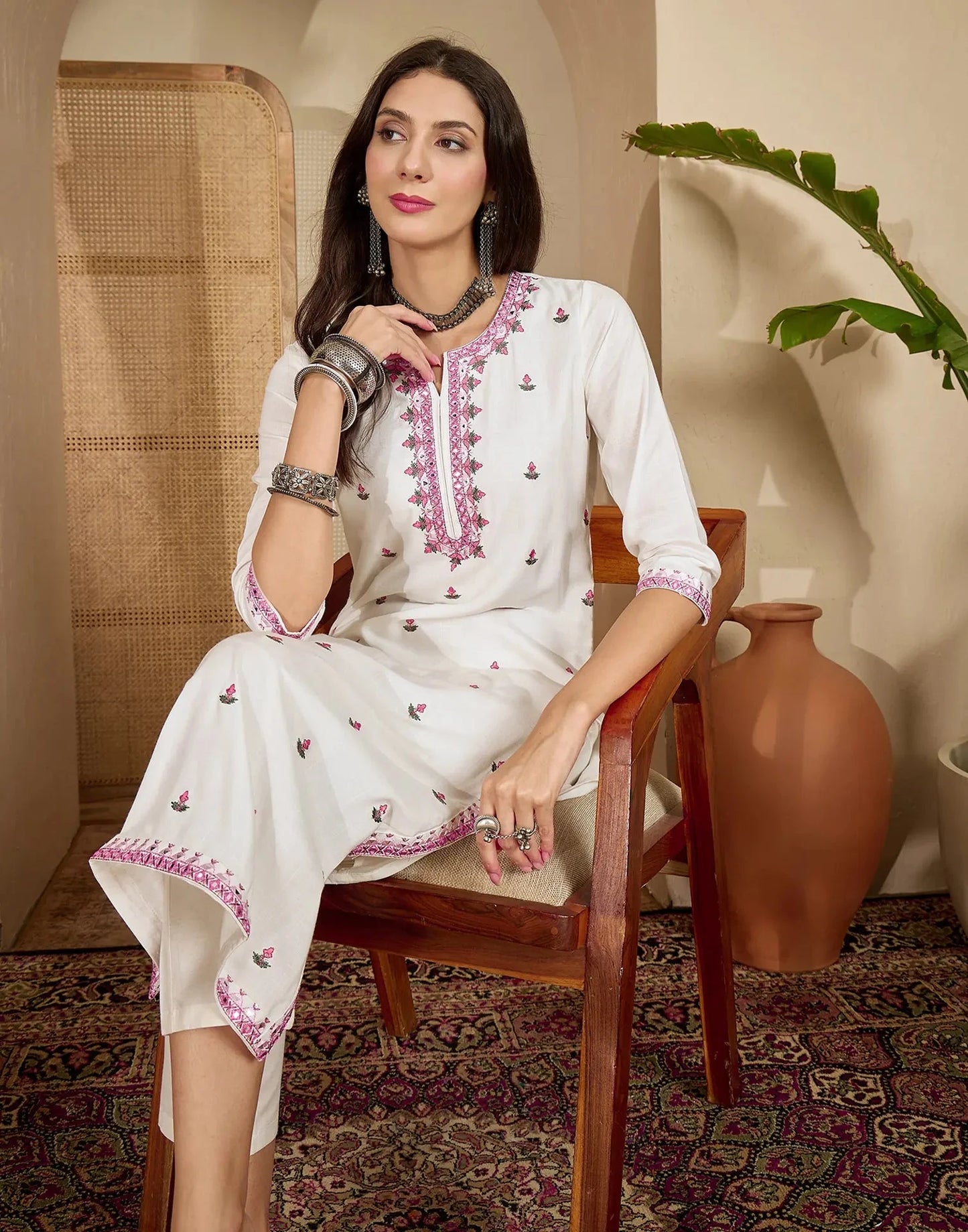 Cotton Embroidered Round Neck Straight Kurti