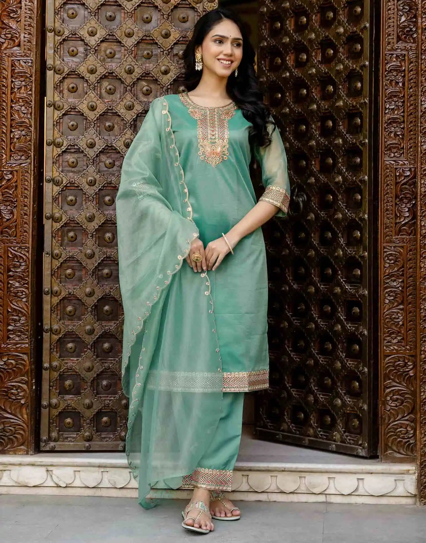 Skylee Light Green Organza Embroidered Straight Kurta Set for Women