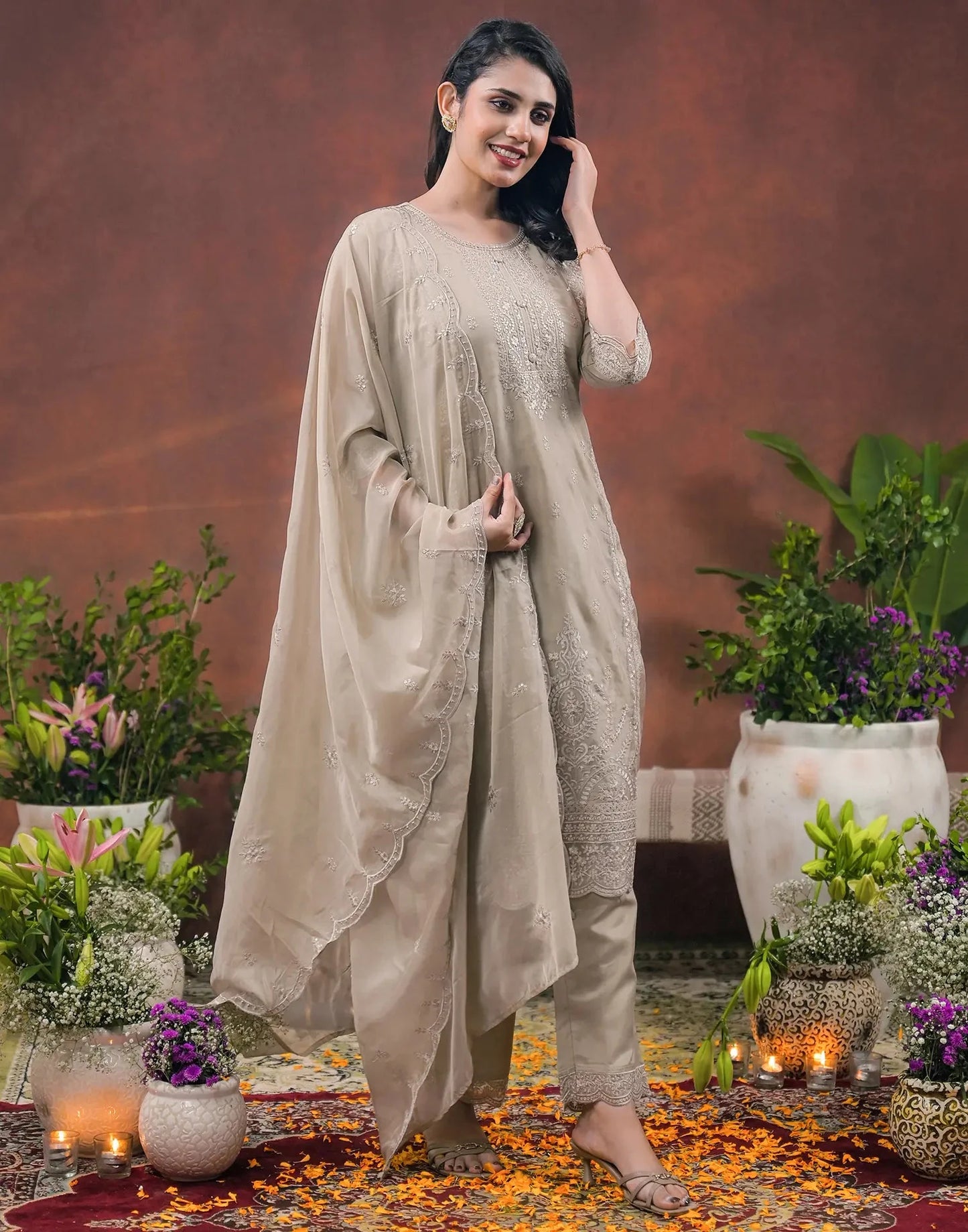Silk Embroidered Round Neck Straight Kurta with Pant & Dupatta