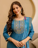 Skylee Silk Blend Embroidered Straight 3 Piece Kurta Set For Woman