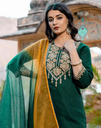 Dark Green Cotton Sequin and Embroidered Straight Kurta Set with Pant & Dupatta for Women